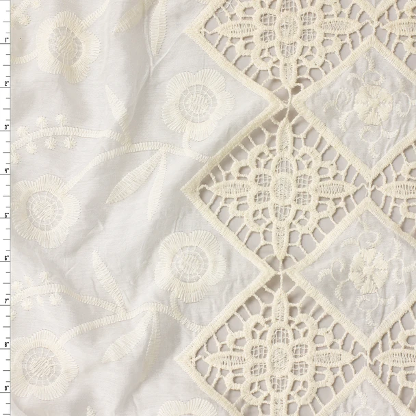 Double Bordered Heirloom Ivory Lacework  Italian Designer Embroidered Cotton/Silk #31858 Fabric By The Yard