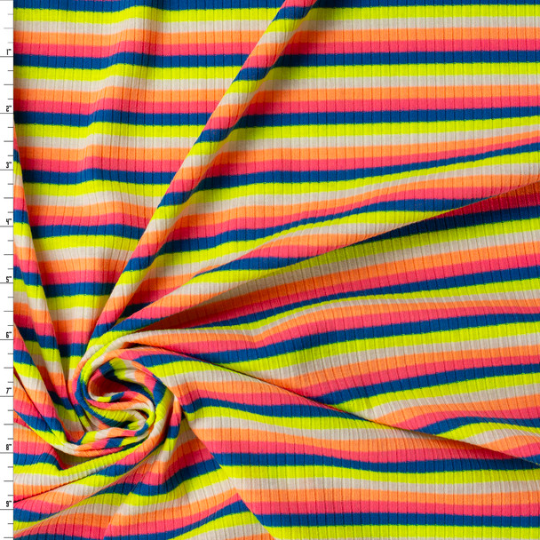Horizontal Neon Rainbow Stripe Stretch Poly Rib Knit #31897 Fabric By The Yard
