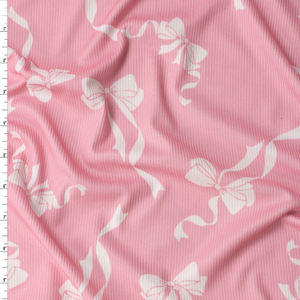 White Bows on Pink Stretch Poly Rib Knit #31898 Fabric By The Yard