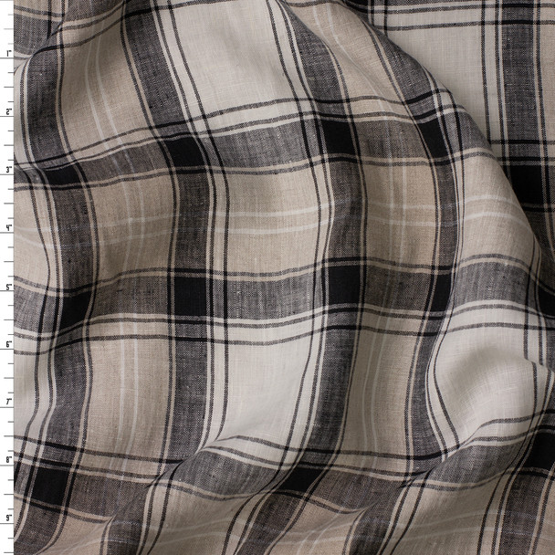 Tan, White, and Black Plaid Designer Linen #31917 Fabric By The Yard