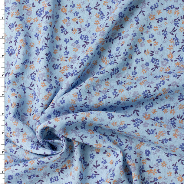 Tan, Brown, and Slate Mini Floral on Light Blue Rayon Gauze #31970 Fabric By The Yard