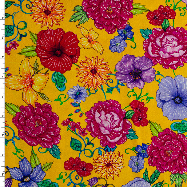 Yellow Flora Quilter’s Cotton from Timeless Treasures #31994 Fabric By The Yard