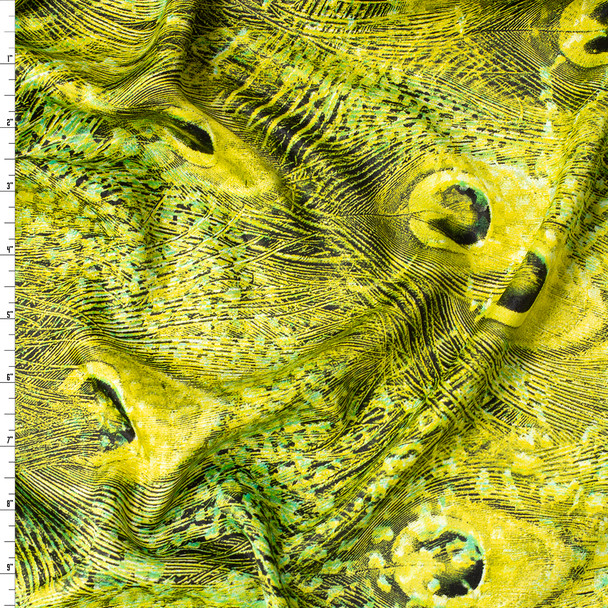 Lime Layered Peacock Feathers Poly Charmeuse #32017 Fabric By The Yard