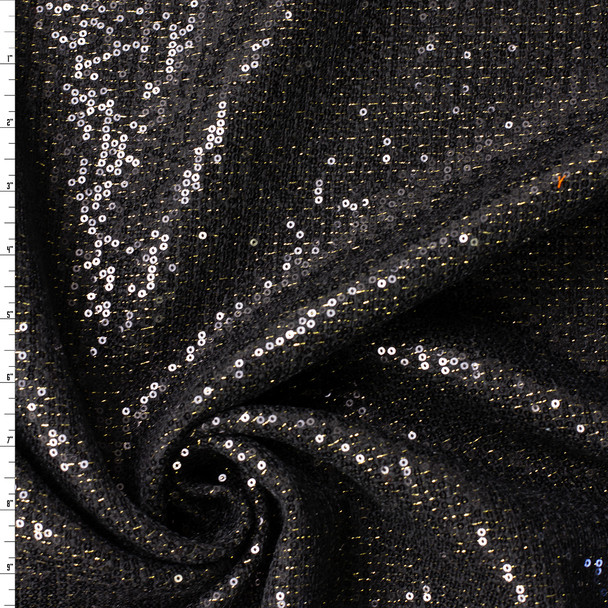 Black and Metallic Gold with Clear Sequins Designer Tweed #32027 Fabric By The Yard