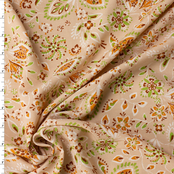 Tan and Lime Paisley Floral Linen Look Rayon #32034 Fabric By The Yard