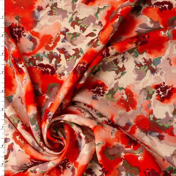 Red and Tan Watercolor Floral Linen Look Rayon #32037 Fabric By The Yard