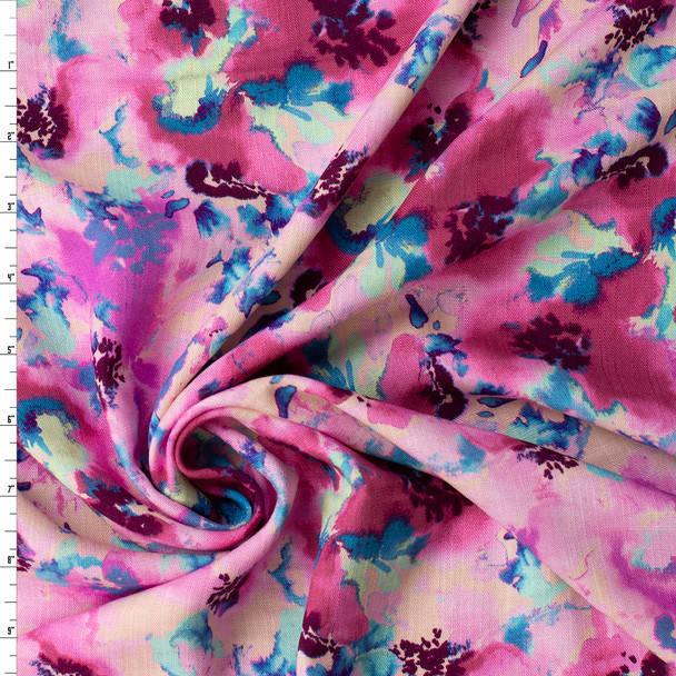 Lilac and Teal Watercolor Floral Linen Look Rayon #32038 Fabric By The Yard