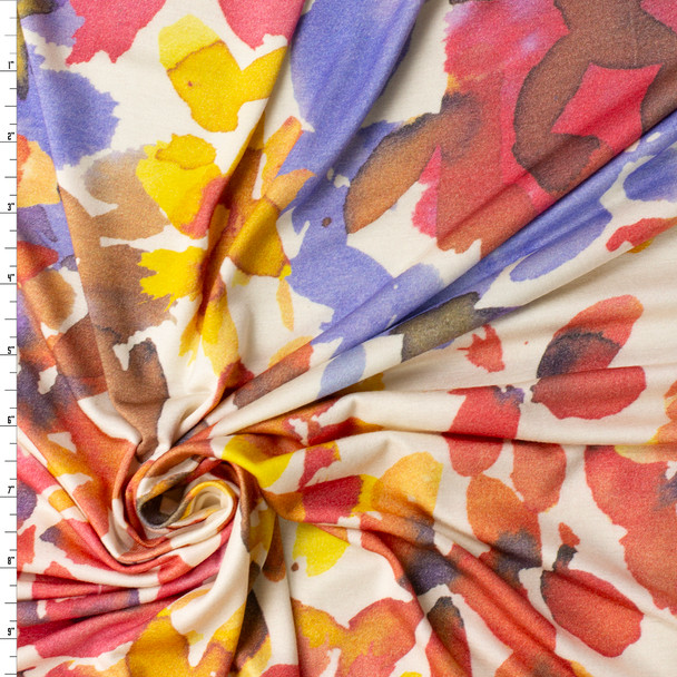 Faded Red, Orange, and Yellow Watercolor Leaves on White Designer Rayon Jersey Knit #32060 Fabric By The Yard