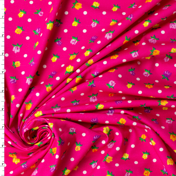 Rose Polka Dots on Hot Pink Designer Cotton Jersey Knit #32061 Fabric By The Yard