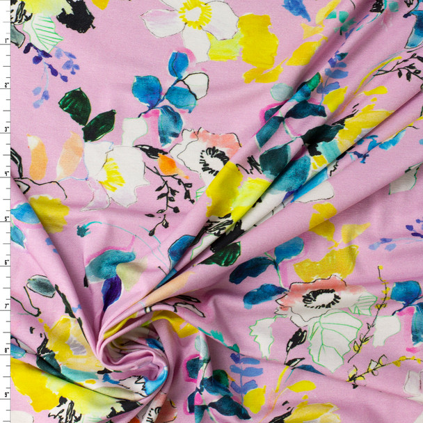 Teal and Yellow Artsy Flowers on Pink Designer Rayon Jersey Knit #32062 Fabric By The Yard