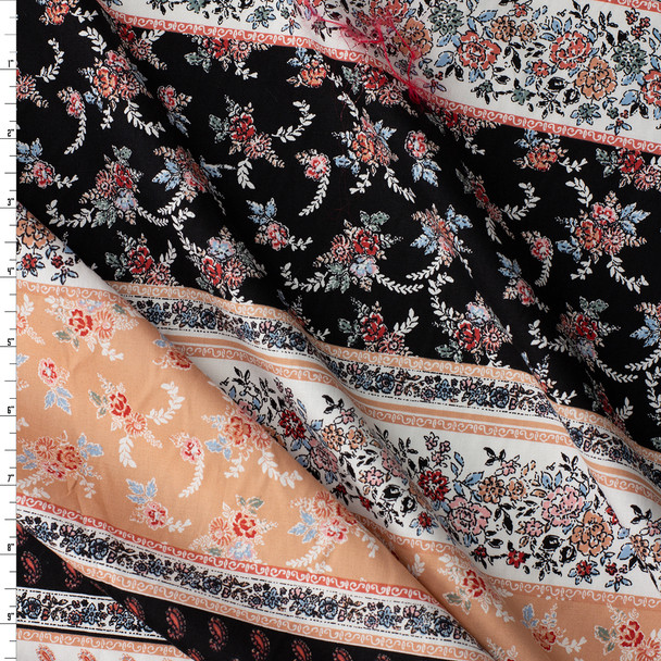 Dusty Rose, Ivory, and Black Floral Boho Stripe Stretch Cotton Poplin #32087 Fabric By The Yard