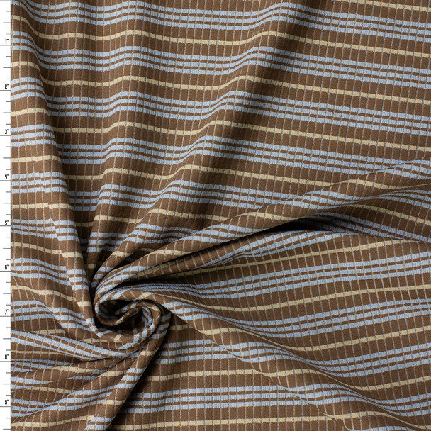 Brown and Sky Blue Horizontal Stripe Ribbed Nylon/Spandex from Frankies Bikinis #32177 Fabric By The Yard