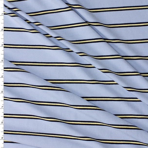 Yellow, Navy, and Sky Blue Horizontal Pencil Stripe Stretch Rayon/Spandex Jersey #32183 Fabric By The Yard