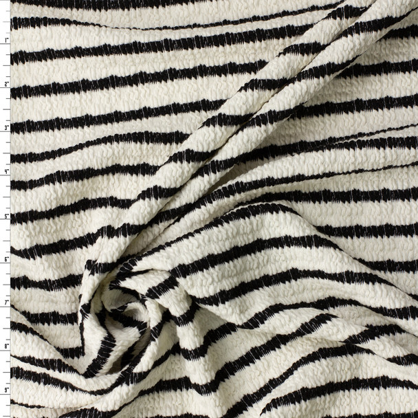 Black on Offwhite Horizontal Stripe Stretch Pucker Knit #32186 Fabric By The Yard