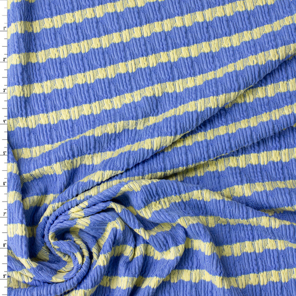 Yellow on Sky Blue Horizontal Stripe Stretch Pucker Knit #32190 Fabric By The Yard