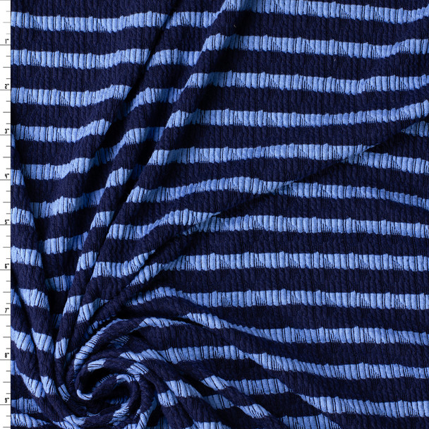 Periwinkle on Navy Horizontal Stripe Stretch Pucker Knit #32191 Fabric By The Yard