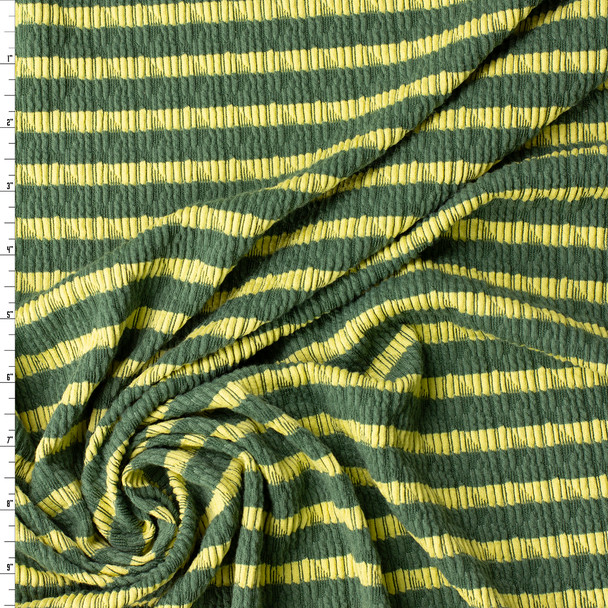 Lemon Yellow on Olive Horizontal Stripe Stretch Pucker Knit #32193 Fabric By The Yard