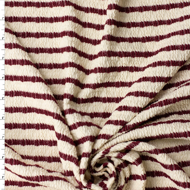 Wine on Offwhite Horizontal Stripe Stretch Pucker Knit #32194 Fabric By The Yard