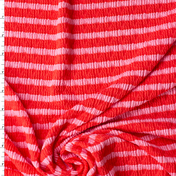 Pink on Hot Coral Horizontal Stripe Stretch Pucker Knit #32195 Fabric By The Yard
