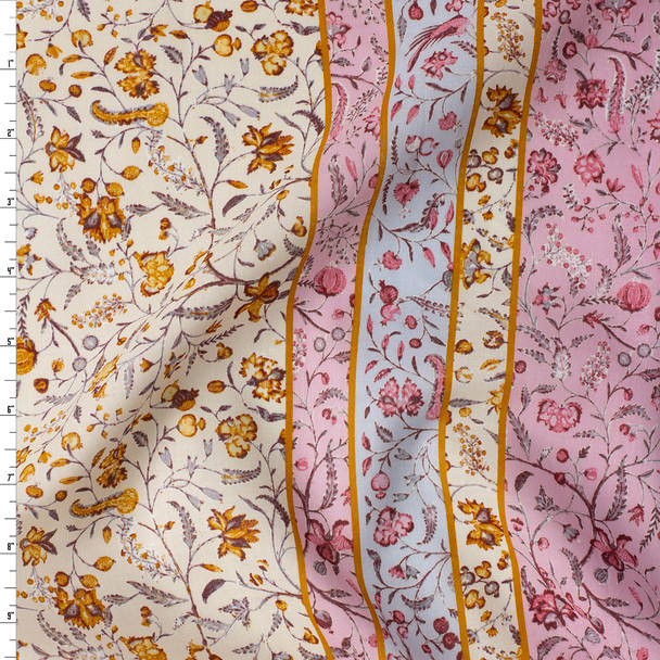 Boho Pink Border Floral on Ivory Cotton Voile #32296 Fabric By The Yard
