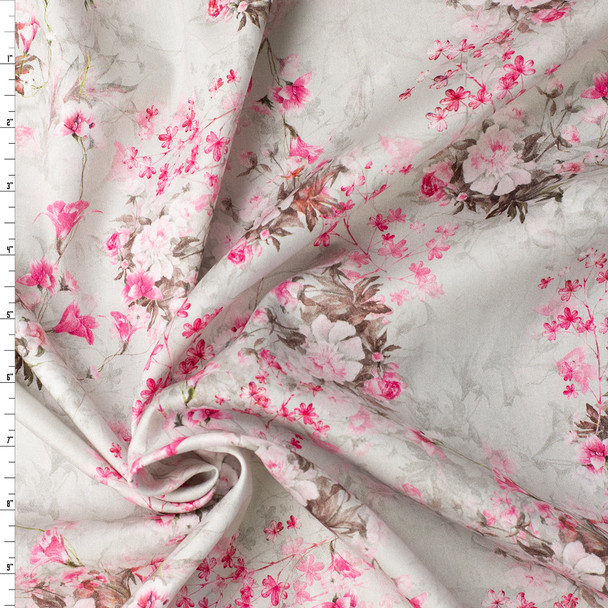 Pink Blossom Branches on Silver Shirtweight Cotton Sateen #32322 Fabric By The Yard