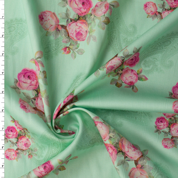 Pink Cabbage Rose Paisley on Mint Shirtweight Cotton Sateen #32325 Fabric By The Yard