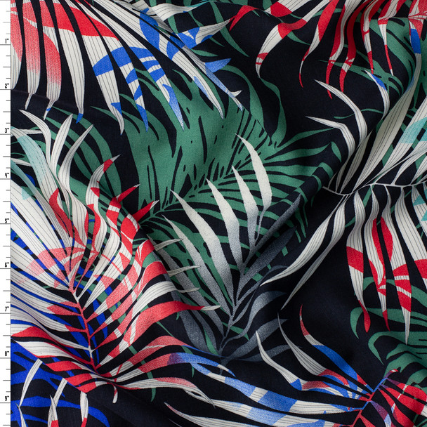 Colorful Layered Fronds on Black Rayon Challis #32329 Fabric By The Yard