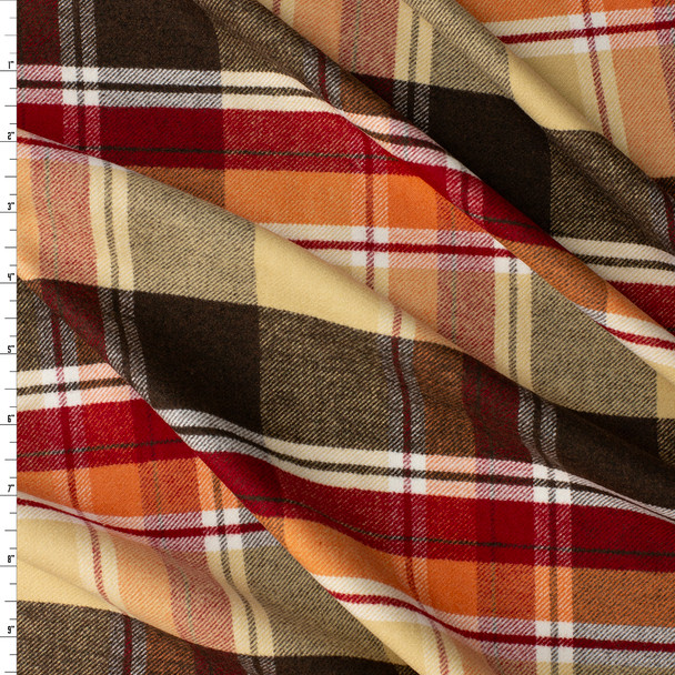 Scarlet, Brown, and Cream Tartan Plaid Twill Weave Single Nap Cotton Flannel #32366 Fabric By The Yard