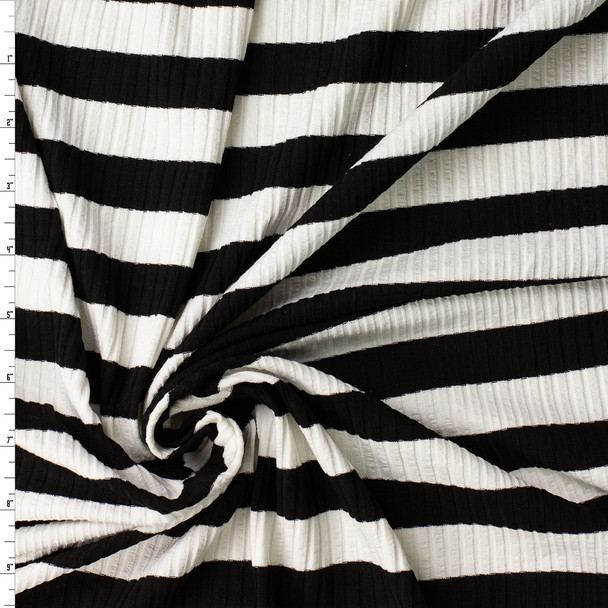 Black and White 1” Horizontal Stripe Rayon/Spandex 6x4 Fashion Rib Knit #32456 Fabric By The Yard