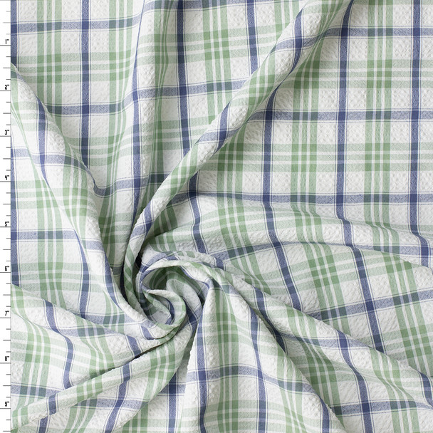 Sage, Navy, and White Plaid Poly/Rayon Seersucker #32527 Fabric By The Yard
