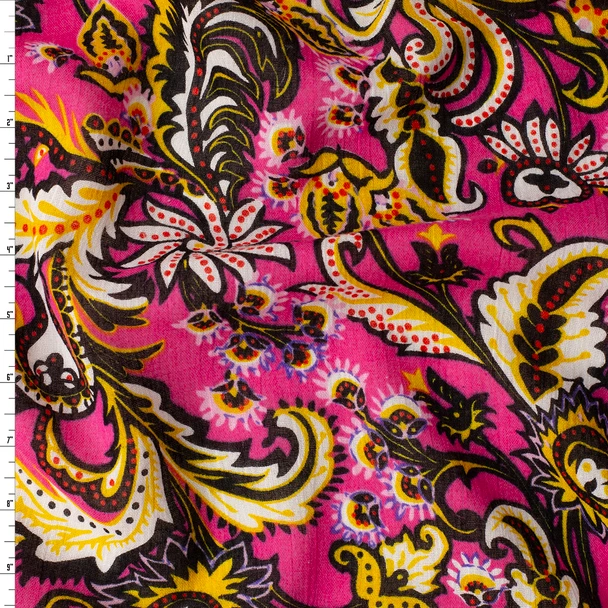 Black and Yellow Scrollwork on Hot Pink Cotton Gauze #32567 Fabric By The Yard