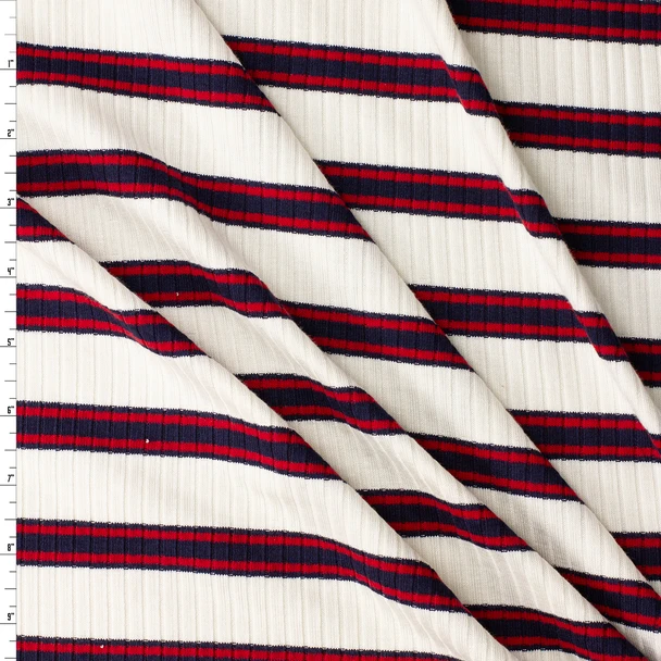 Navy and Red Stripe on White Stretch Viscose Wide Rib Knit #32571 Fabric By The Yard