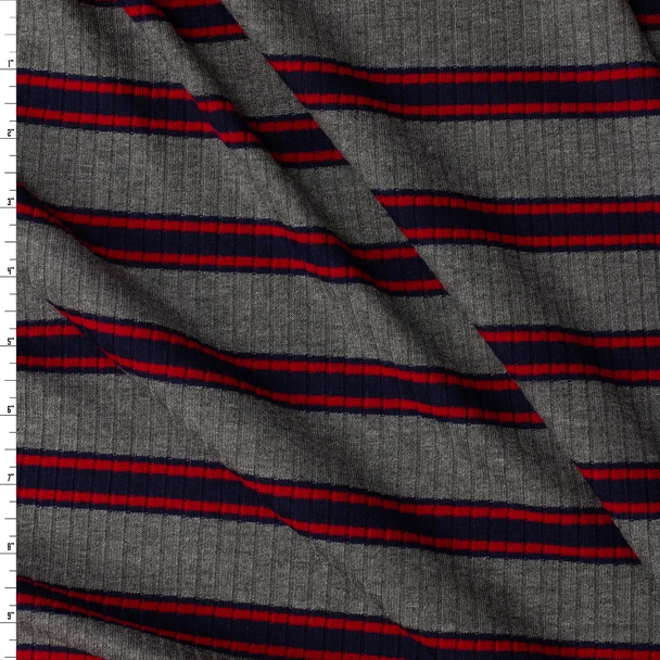 Navy and Red Stripe on Charcoal Stretch Viscose Wide Rib Knit #32572 Fabric By The Yard