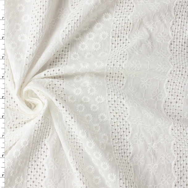 White Banded Floral Eyelet Italian Embroidered Cotton Lawn #32582 Fabric By The Yard