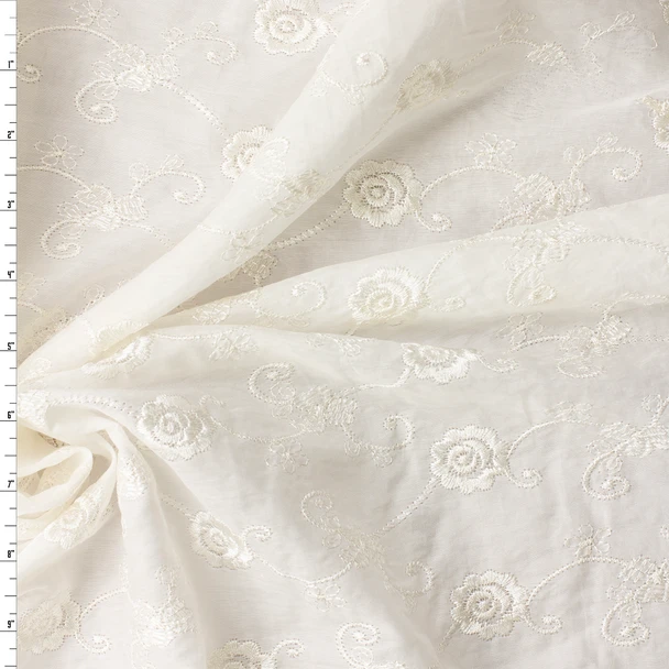 Offwhite Floral Scrollwork Italian Embroidered Cotton/Silk Voile #32587 Fabric By The Yard