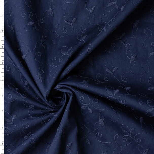 Navy Leafy Scrollwork Italian Embroidered Stretch Cotton Poplin #32592 Fabric By The Yard
