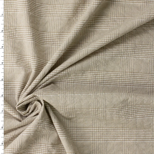 Khaki and Ivory Glen Plaid Italian Low Ripple Cotton Seersucker #32603 Fabric By The Yard