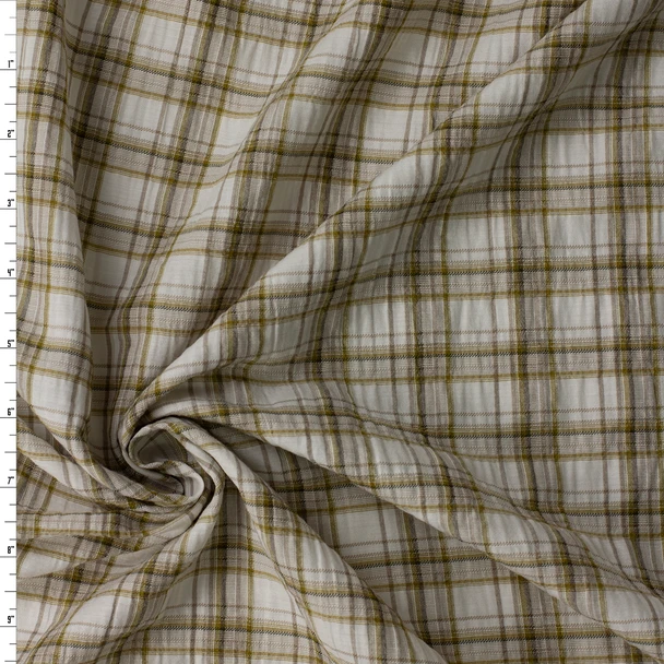 Tan, Olive, and Ivory Plaid Italian Cotton Seersucker #32604 Fabric By The Yard
