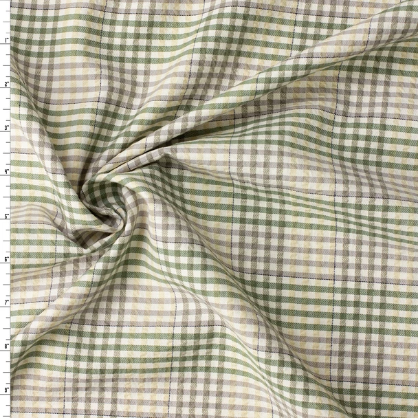 Olive, Taupe, Tan, and Ivory Multi Plaid Italian Cotton Seersucker #32609 Fabric By The Yard