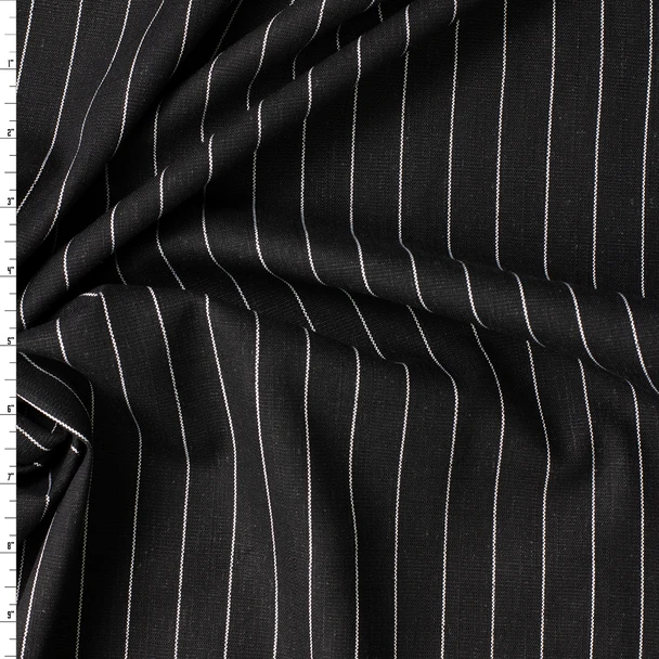 White on Black Vertical Pinstripe Italian Linen/Cotton #32614 Fabric By The Yard