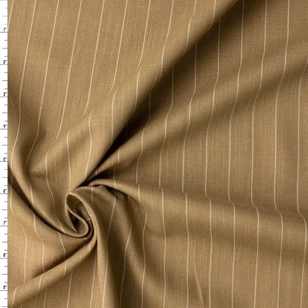 White on Tan Vertical Pinstripe Italian Linen/Cotton #32615 Fabric By The Yard