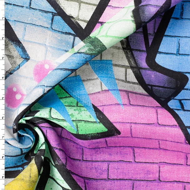 Sky, Lilac, Mint, and Grey Street Art Brickwork Japanese Linen #32624 Fabric By The Yard
