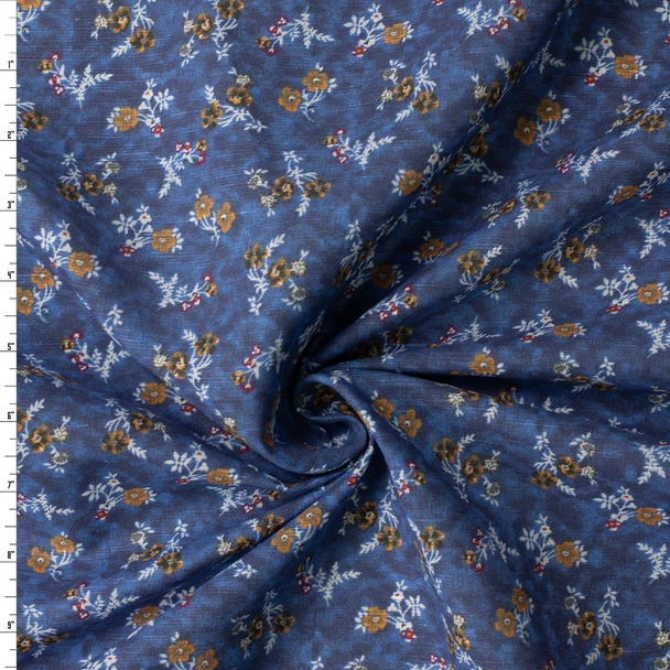 Tan Posies on Mottled Slate Italian Linen/Cotton #32631 Fabric By The Yard