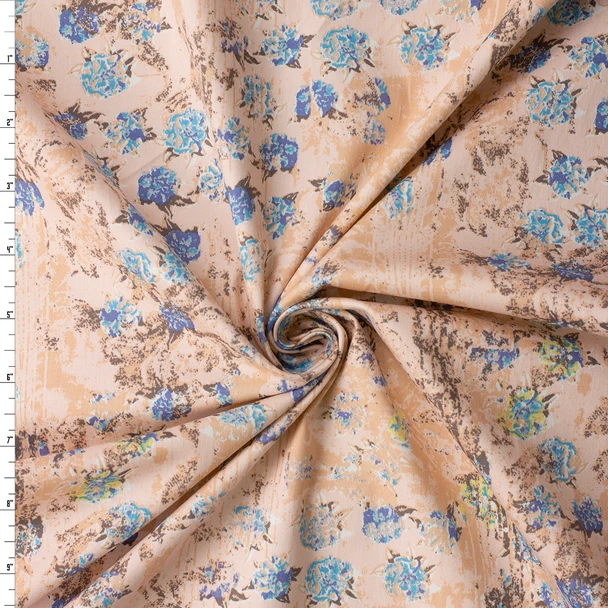 Blue and Pink Tiled Grunge Floral Stretch Cotton Poplin #32654 Fabric By The Yard