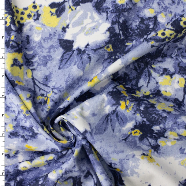 Navy and Yellow Abstract Floral Stretch Cotton Sateen #32659 Fabric By The Yard