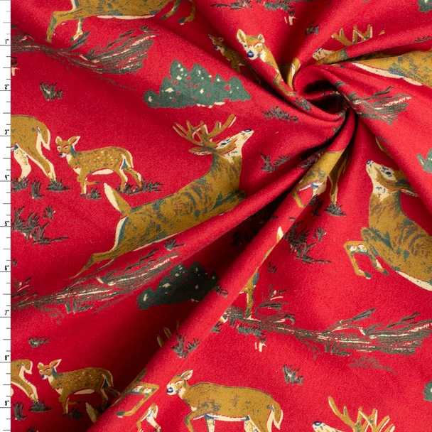 Deer in the Forest on Bright Red Heavyweight Italian Cotton Flannel #32670 Fabric By The Yard