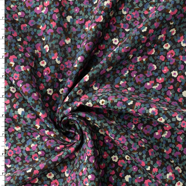 Teal and Purple Block Geo Floral on Navy Japanese Pinwale Corduroy from Hokkoh #32702 Fabric By The Yard