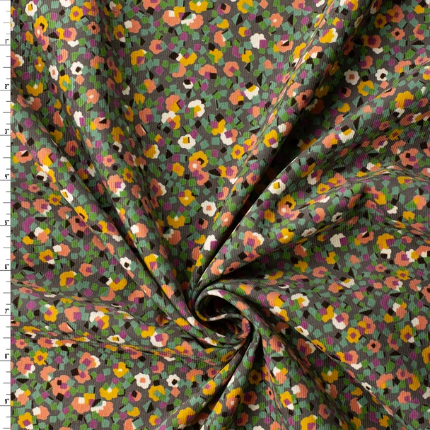 Terracotta and Olive Geo Floral on Charcoal Japanese Pinwale Corduroy from Hokkoh #32703 Fabric By The Yard