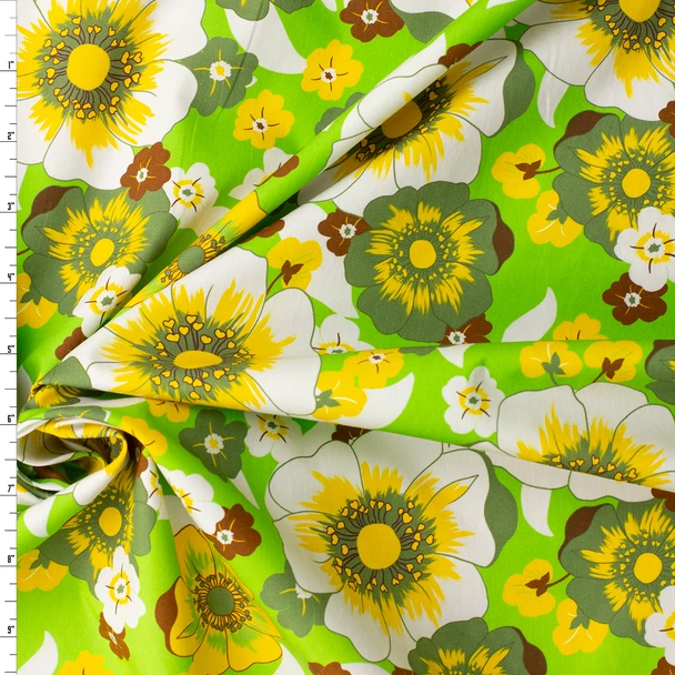 Retro Floral on Neon Lime Italian Cotton Lawn #32718 Fabric By The Yard