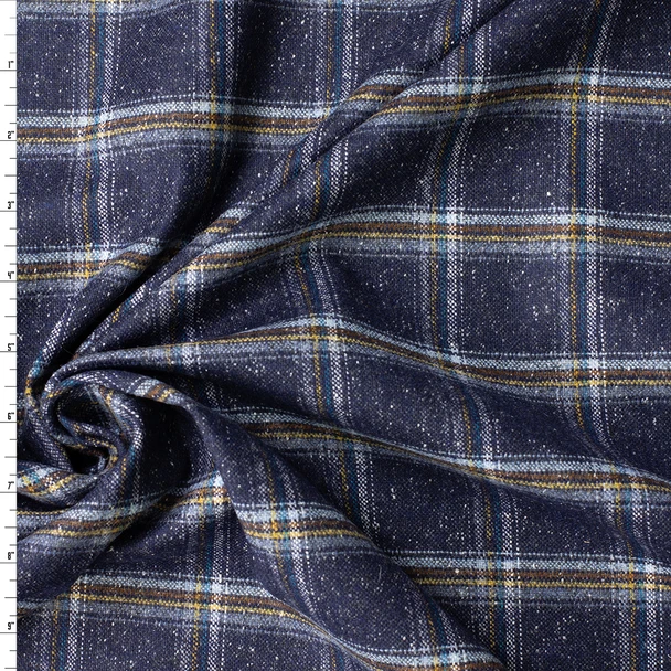 Sky, Brown, and White on Navy Speckled Plaid Italian Wool Blend Flannel #32769 Fabric By The Yard